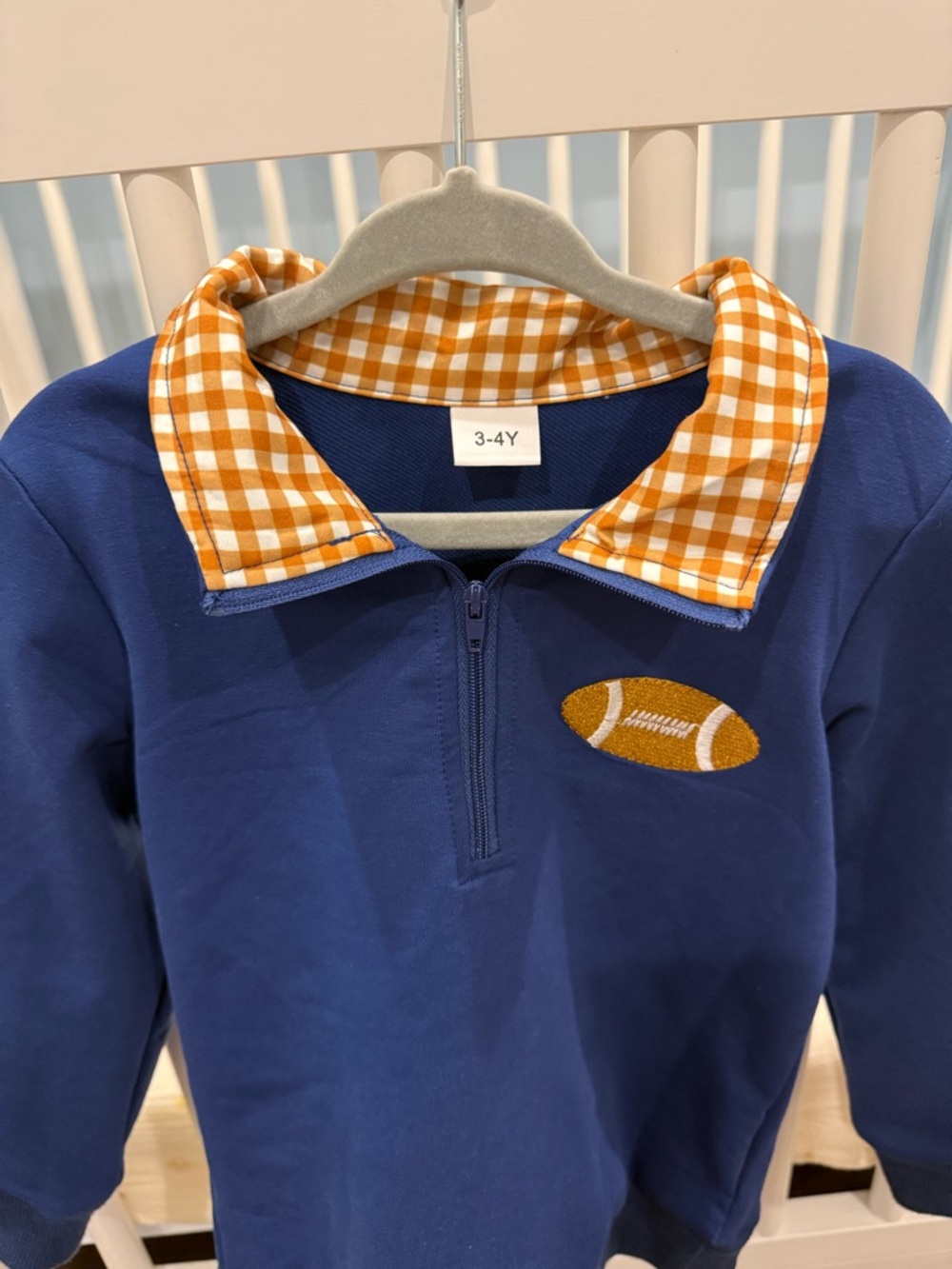 Boys Navy Pullover with Orange Gingham Collar and Football Applique - Picture 2 of 3